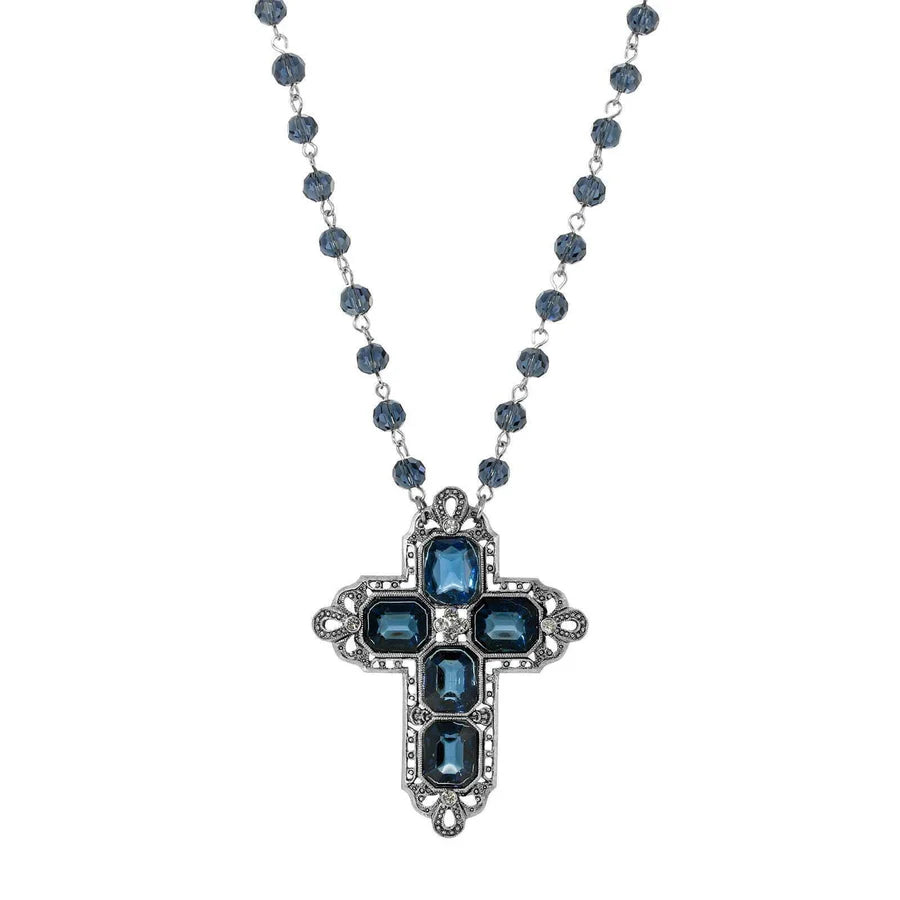 Women's antique pewter cross necklace with rectangular sapphire glass stones and matching beaded chain, 16 to 19 inches long.