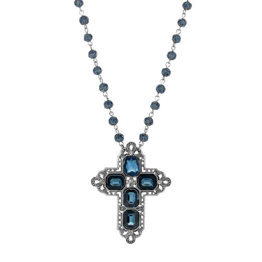 Women's antique pewter cross necklace with rectangular sapphire glass stones and matching beaded chain, 16 to 19 inches long.