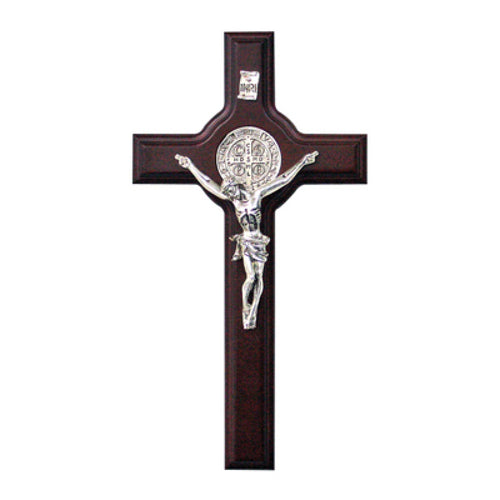 8 inch wood St. Benedict wall crucifix with silver corpus and detailed Saint Benedict medal on dark wood cross.