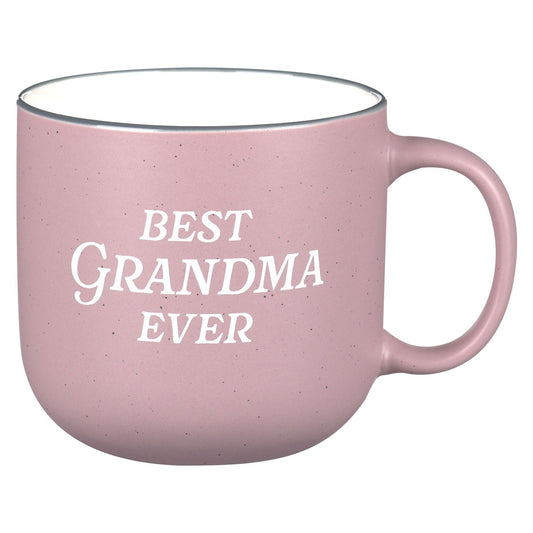 Pink ceramic coffee mug with "Best Grandma Ever" white text, rounded shape and comfortable handle design