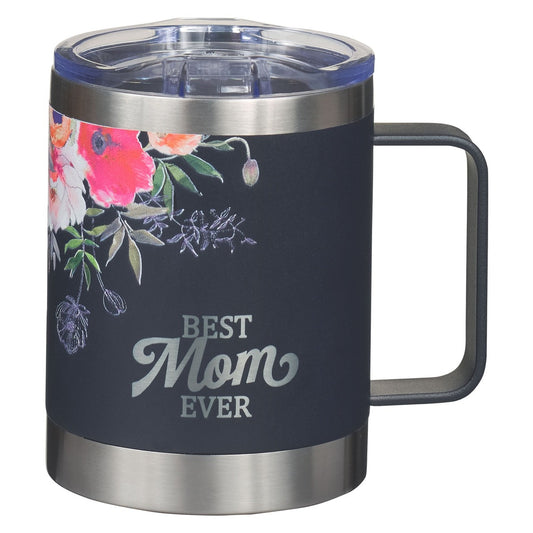 Navy stainless steel travel tumbler with floral design and "Best Mom Ever" text in camp style with clear lid and handle
