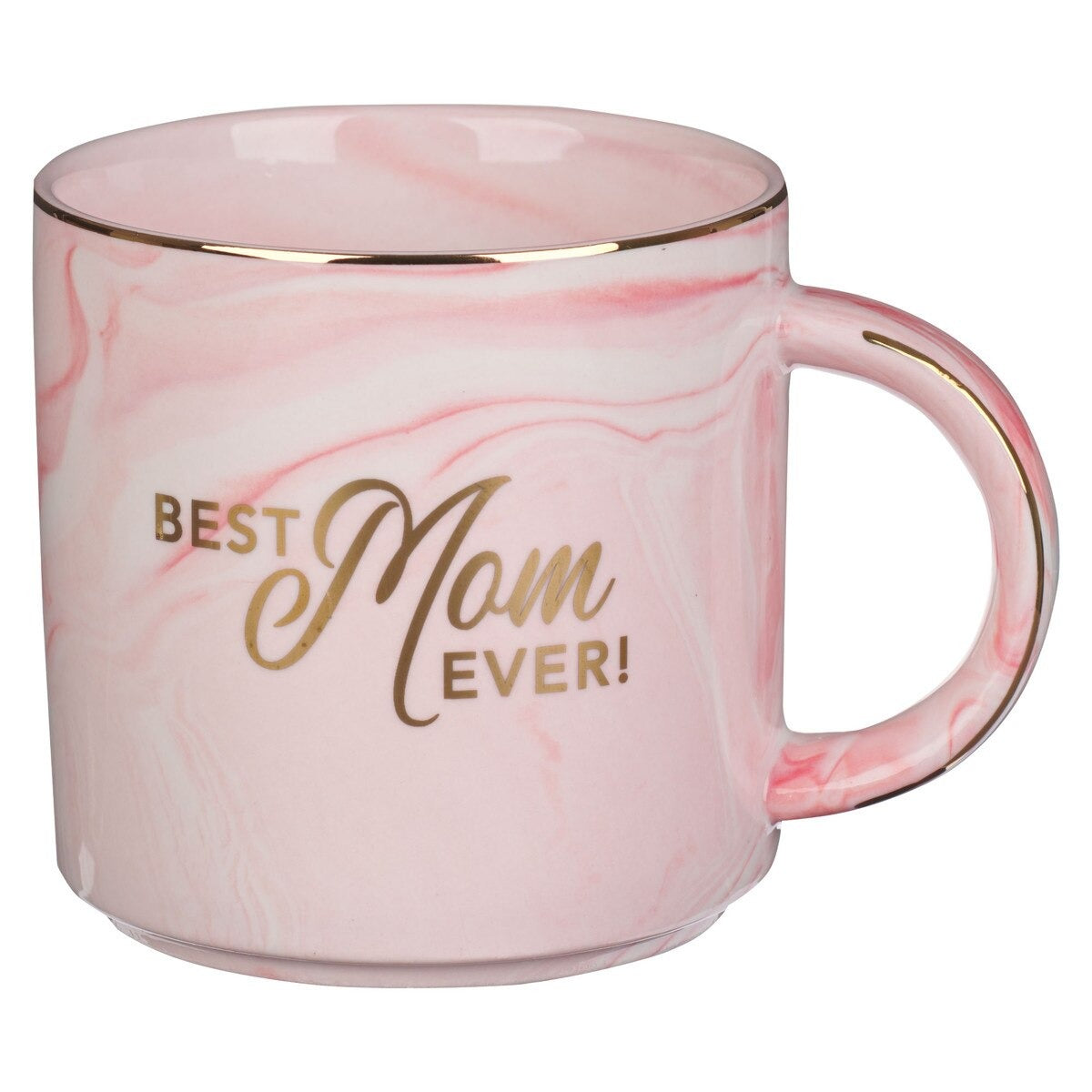 Pink marbled ceramic coffee mug with gold rim, handle accents, and "Best Mom Ever!" script on front and back