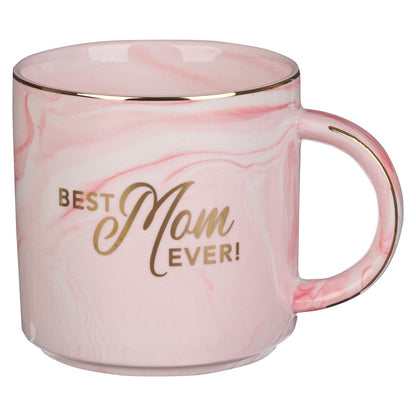 Pink marbled ceramic coffee mug with gold rim, handle accents, and "Best Mom Ever!" script on front and back