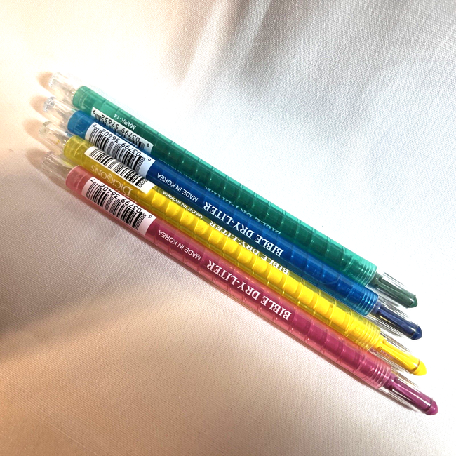 Set of four 7-inch Bible Dry-Liter retractable highlighters in assorted colors with precise tips and clear caps.