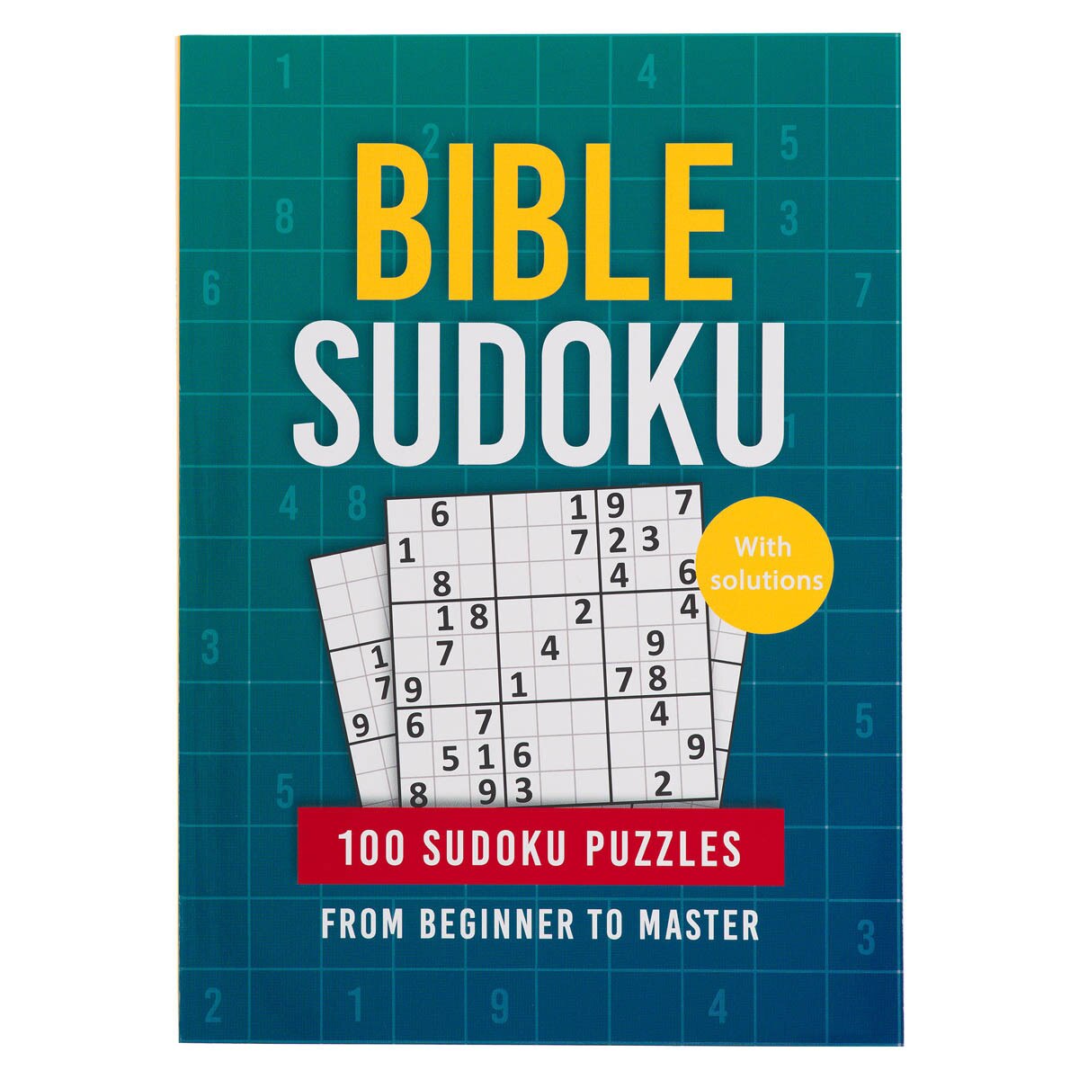 Bible Sudoku activity book cover with 100 puzzles, varying difficulty levels, and solutions, featuring Bible-themed clues.