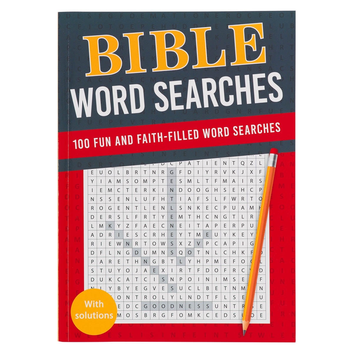 Bible Word Search Activity Book with 100 faith-filled puzzles from Genesis to Revelation, includes solutions and pencil illustration.