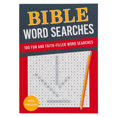 Bible Word Search Activity Book with 100 faith-filled puzzles from Genesis to Revelation, includes solutions and pencil illustration.