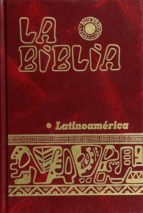 Red leather cover of Biblia Latinoamérica pocket edition with gold embossed decorative Latin American design and title text.