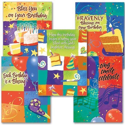 Set of 5 assorted children’s birthday cards with colorful designs, balloons, cake, and inspirational birthday messages, envelopes included