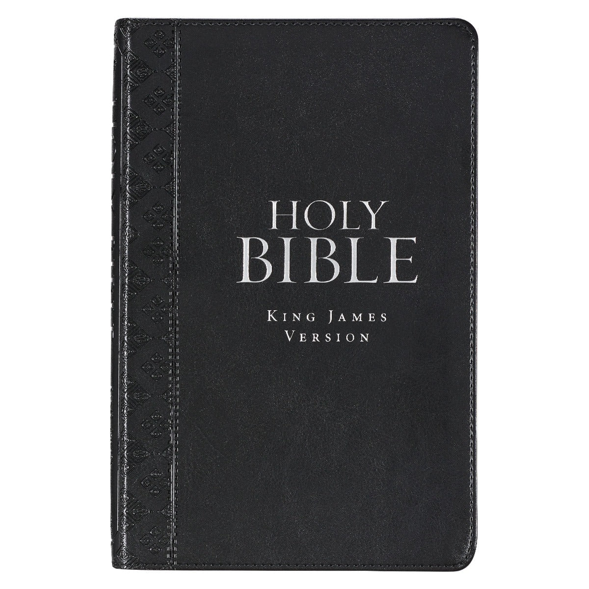 Black faux leather King James Version deluxe gift Bible with thumb index and detailed embossed geometric border design