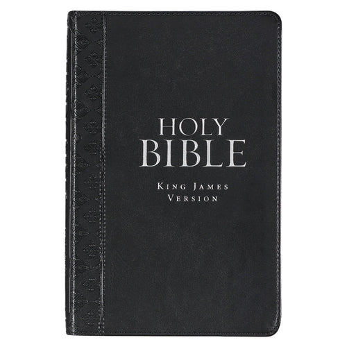 Black faux leather King James Version deluxe gift Bible with thumb index and detailed embossed geometric border design