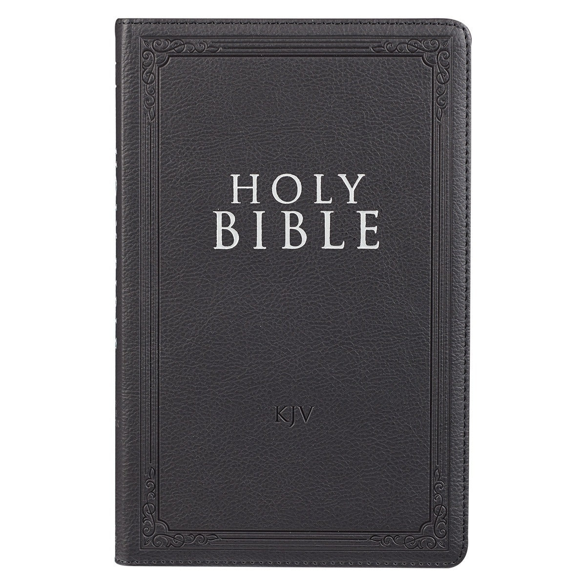 Black faux leather King James Version gift edition Bible with embossed decorative border and silver lettering on cover