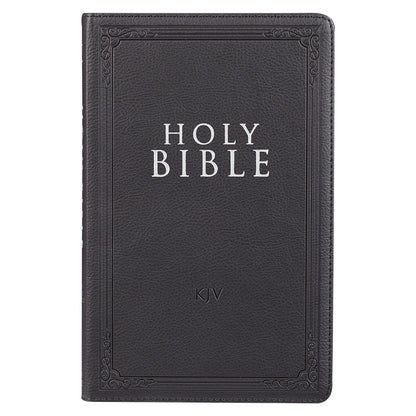 Black faux leather King James Version gift edition Bible with embossed decorative border and silver lettering on cover