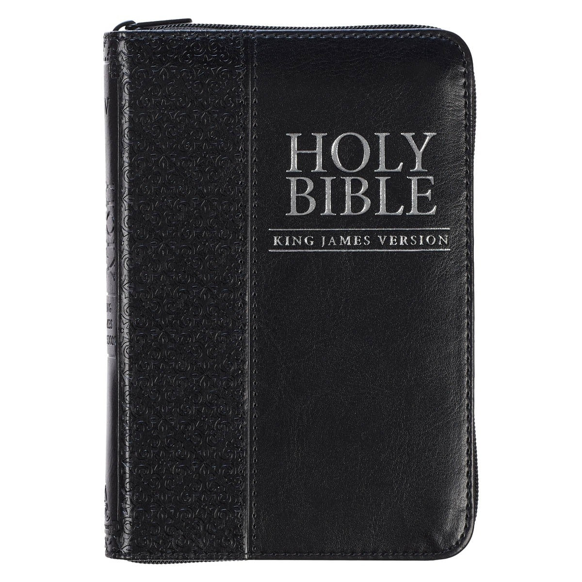 Black faux leather King James Version pocket Bible with zippered closure and embossed decorative spine panel