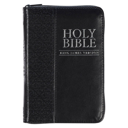 Black faux leather King James Version pocket Bible with zippered closure and embossed decorative spine panel