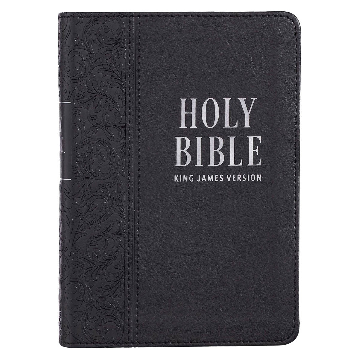 Black faux leather compact King James Version Bible with large print and embossed floral design on spine strip