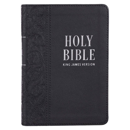 Black faux leather compact King James Version Bible with large print and embossed floral design on spine strip