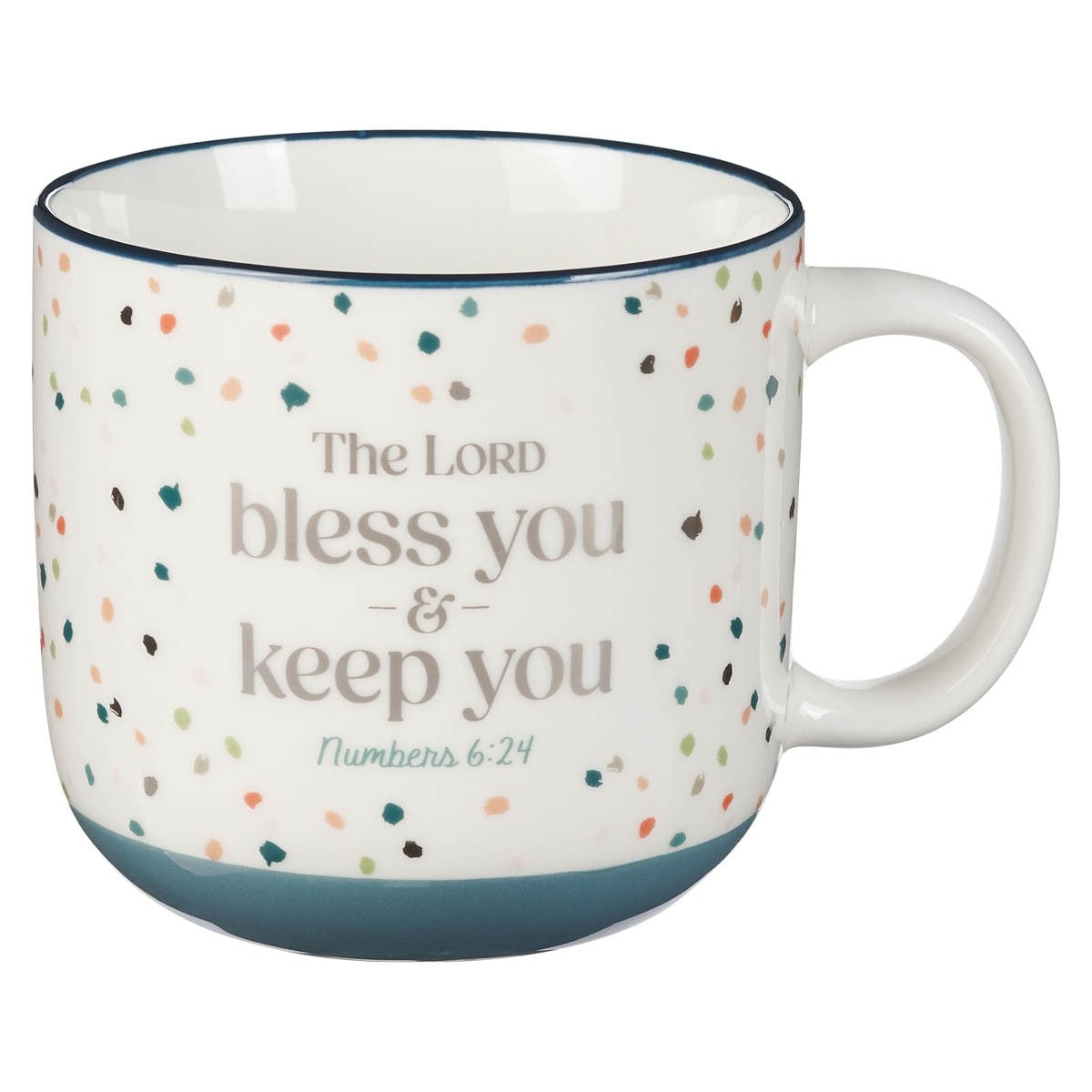 Ceramic coffee mug with blue confetti pattern and scripture text “The Lord bless you & keep you Numbers 6:24”