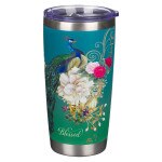 Blue stainless steel travel tumbler with peacock and floral design featuring Jeremiah 17:7 scripture and "Blessed" text