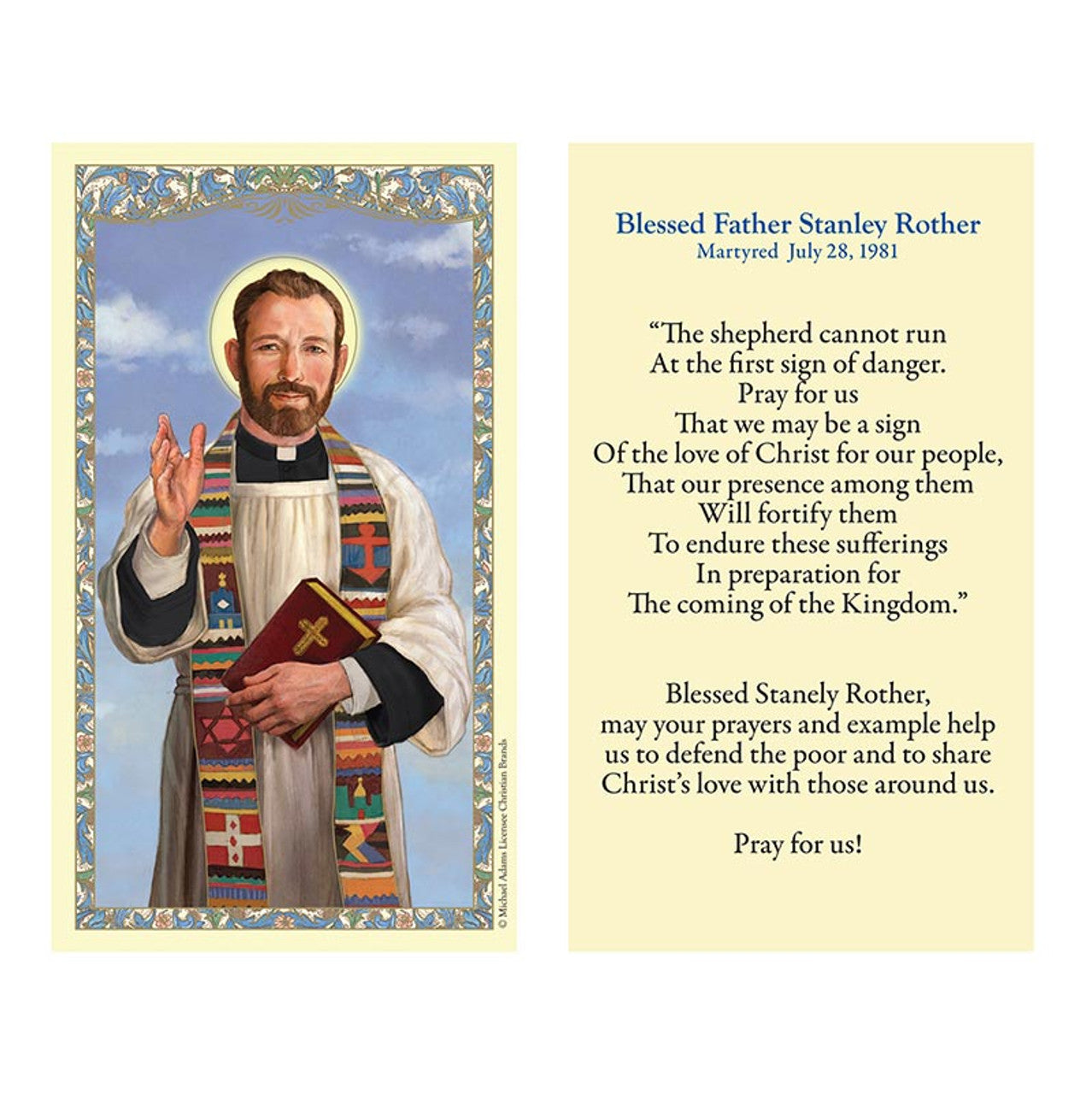 Double-sided Blessed Father Stanley Rother holy card with colorful saint portrait and prayer text on cream background