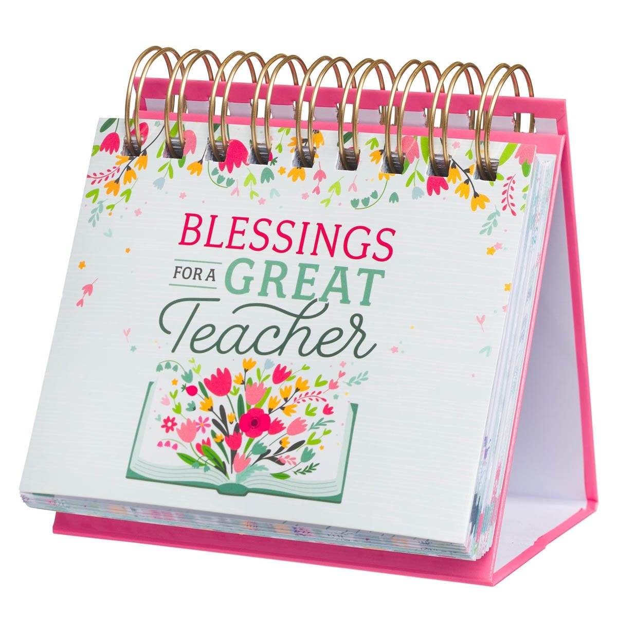 Perpetual desktop calendar with pink stand, floral design, and Blessings for a Great Teacher text on front cover