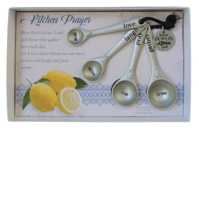 Set of 4 metal lemon-themed measuring spoons with blessing prayer, packaged gift-ready in decorative box
