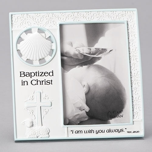 7.25" Blue baptism picture frame for boy with shell, cross, lamb details and "Baptized in Christ" inscription