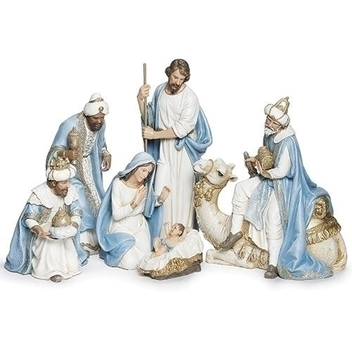 9 1/4" Blue Champagne Nativity Set with six poly resin pieces including three kings, camel, Mary, Joseph, and baby Jesus.