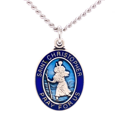 Blue Enamel over Sterling Silver Saint Christopher Oval Medal - Unique Catholic Gifts