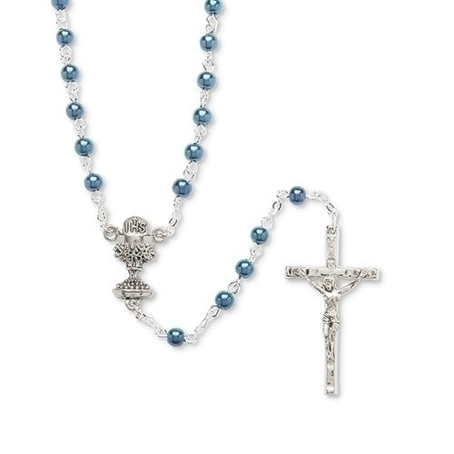 Silver-tone rosary with blue glass beads, featuring a crucifix and chalice centerpiece, for First Communion gift
