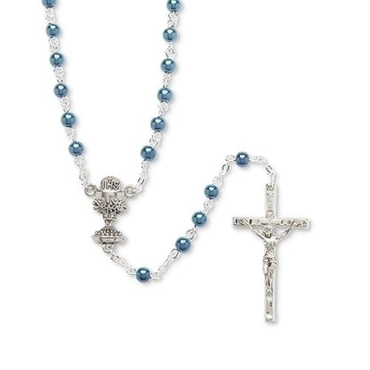 Silver-tone rosary with blue glass beads, featuring a crucifix and chalice centerpiece, for First Communion gift