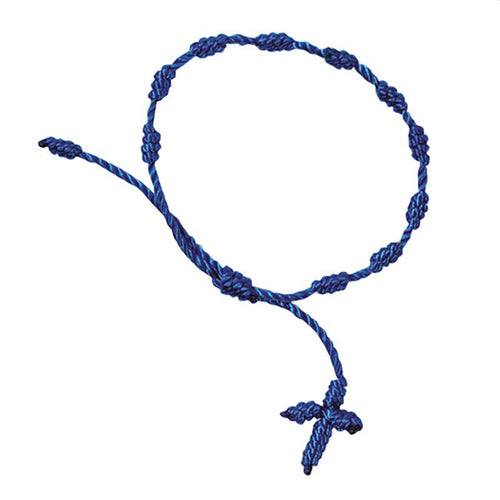 Blue knotted cord rosary bracelet with knotted beads and small cross, designed for daily prayer and easy wear.