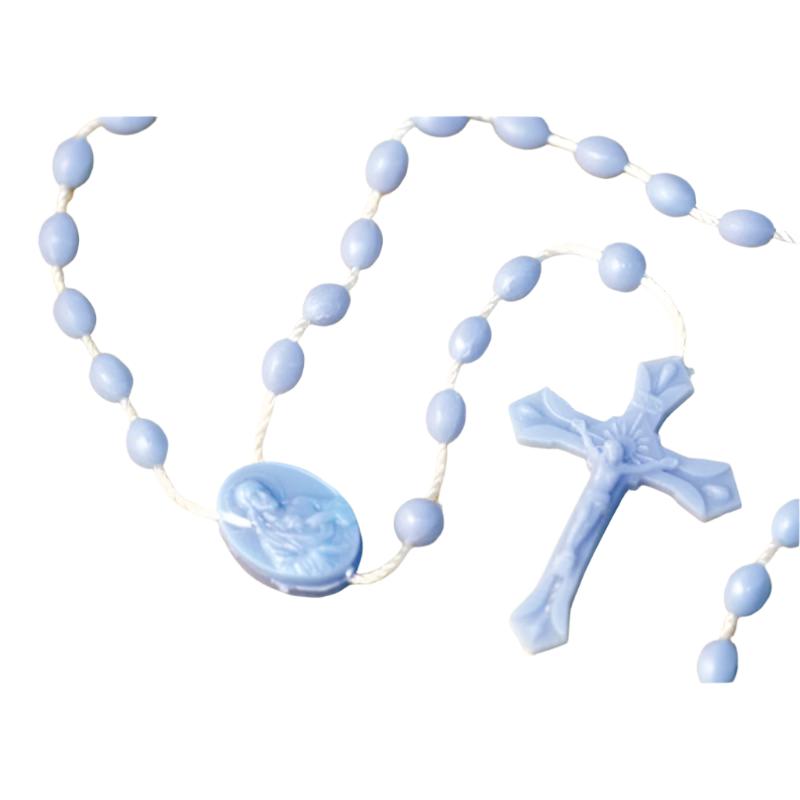 Blue plastic rosary with detailed crucifix and centerpiece, featuring smooth oval beads on white cord.