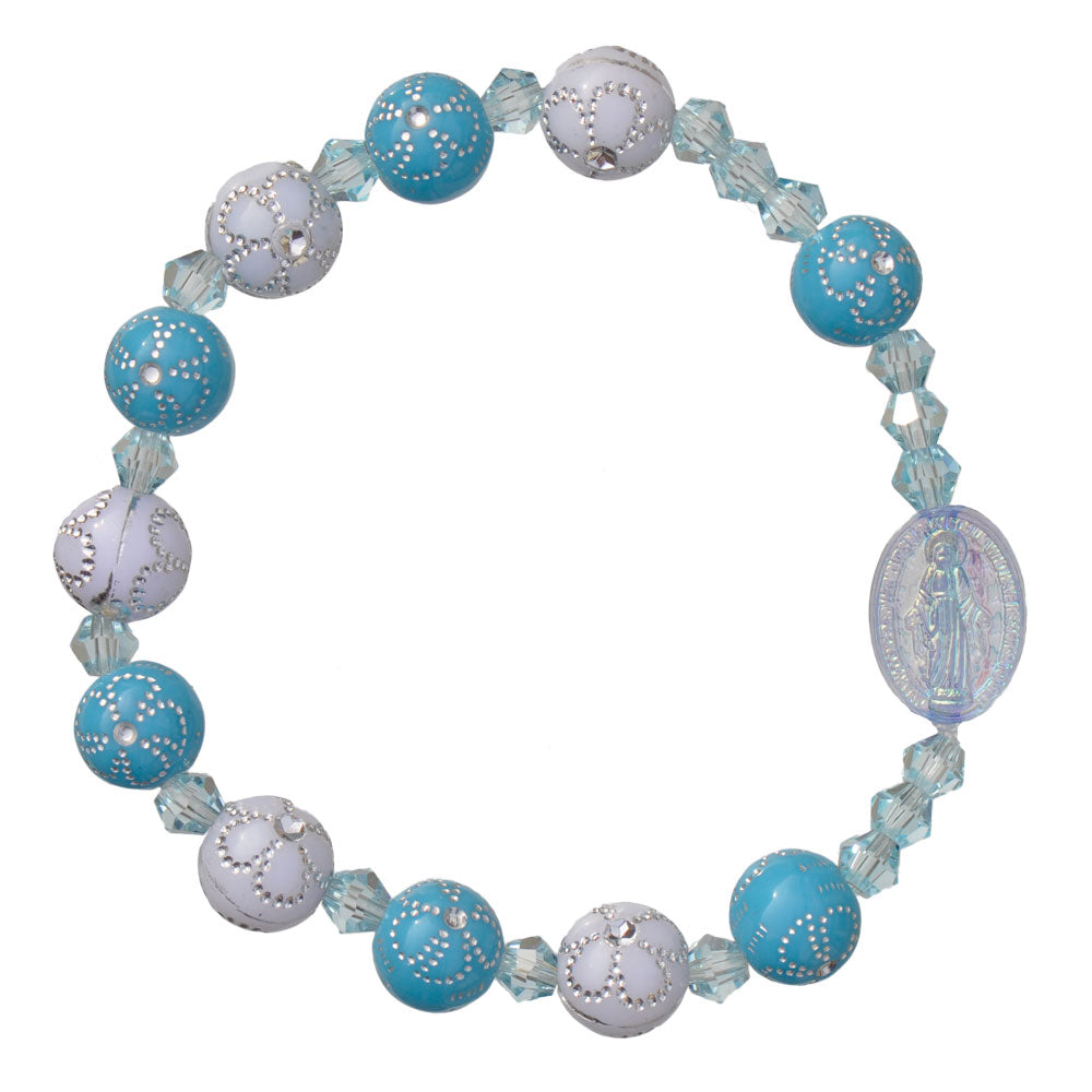 Children's blue and white rosary bracelet with flower-accented beads and Miraculous Medal centerpiece on stretch band