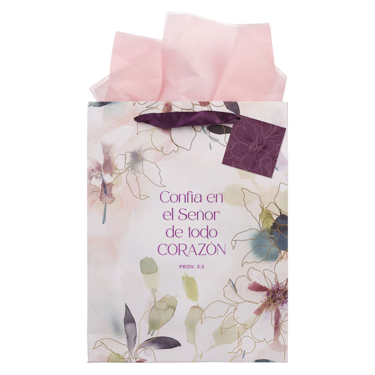 Vertical gift bag with purple flower design and "Trust in the Lord" Proverbs 3:5 Bible verse in Spanish