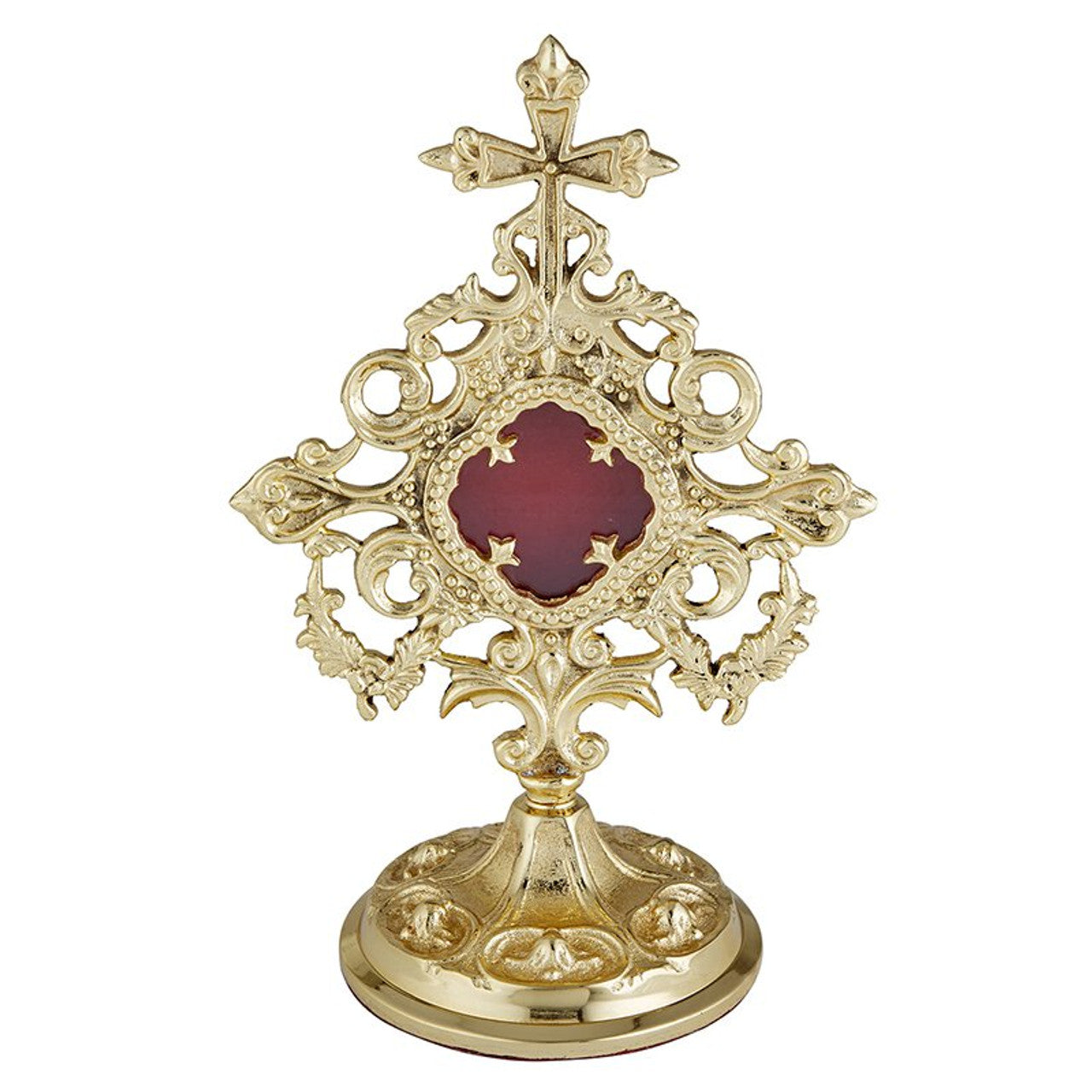 9 1/4" brass Baroque reliquary with ornate filigree, cross detail, and polished finish inspired by Old World cathedrals