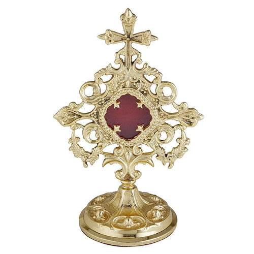 9 1/4" brass Baroque reliquary with ornate filigree, cross detail, and polished finish inspired by Old World cathedrals