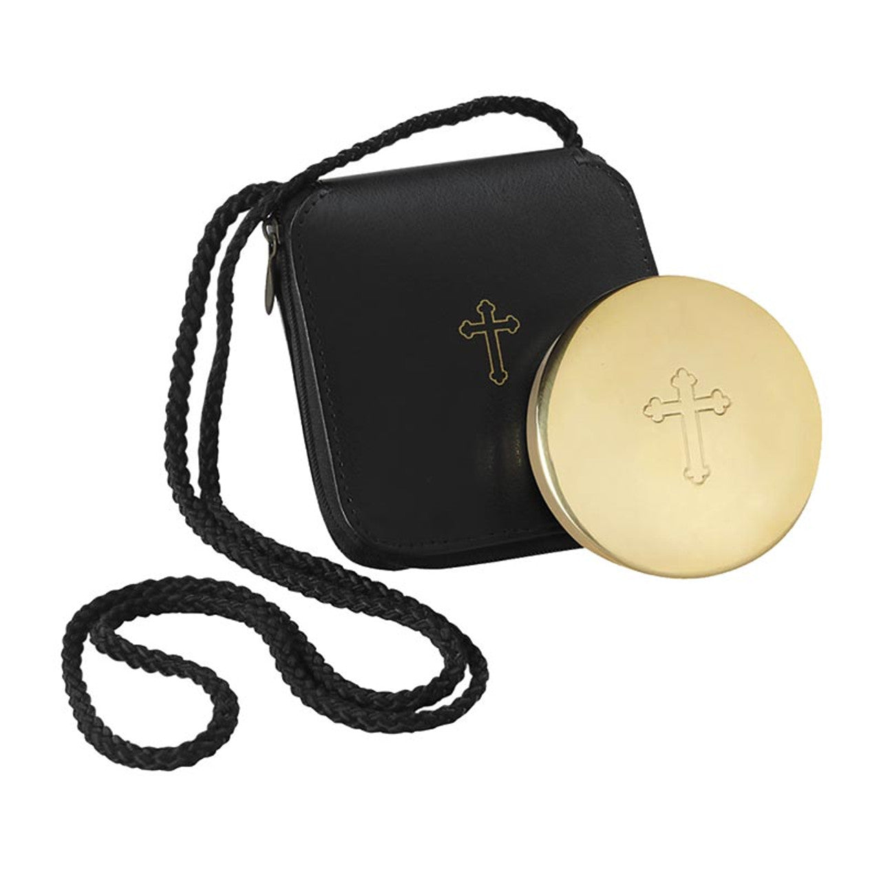 Large brass hospital pyx with embossed cross and black vinyl burse featuring gold cross and braided strap