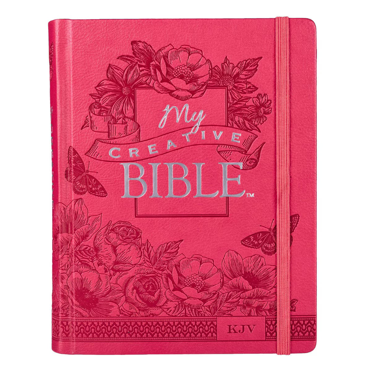 Bright pink faux leather hardcover KJV My Creative Bible with floral and butterfly embossed design and elastic closure band