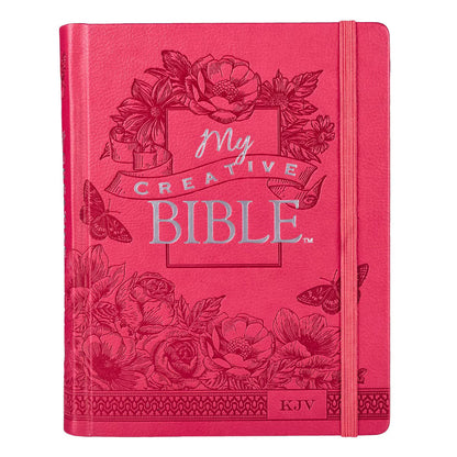 Bright pink faux leather hardcover KJV My Creative Bible with floral and butterfly embossed design and elastic closure band