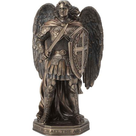 11 1/8" bronze Saint Michael statue with sword and detailed shield, hand-painted cold cast bronze finish