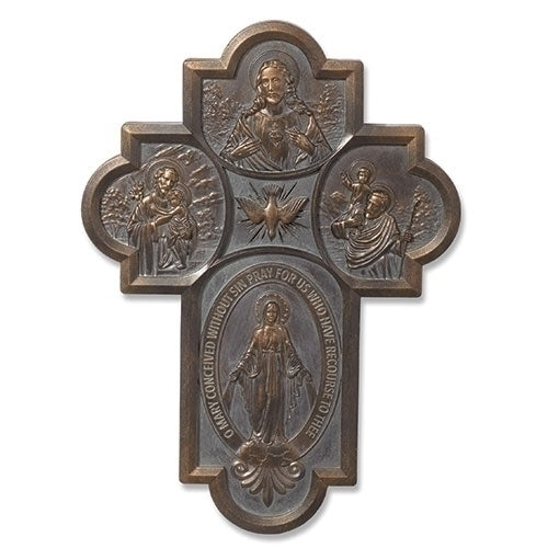 Bronze style 4-way medal wall cross featuring detailed religious figures and Sacred Heart icon, 8.5 inches tall.