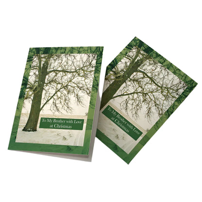 Christmas card for brother with wintry tree scene and green border, reading "To My Brother with Love at Christmas