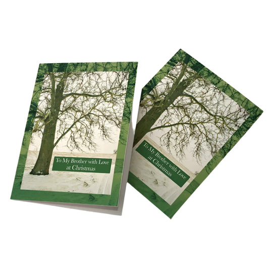 Christmas card for brother with wintry tree scene and green border, reading "To My Brother with Love at Christmas