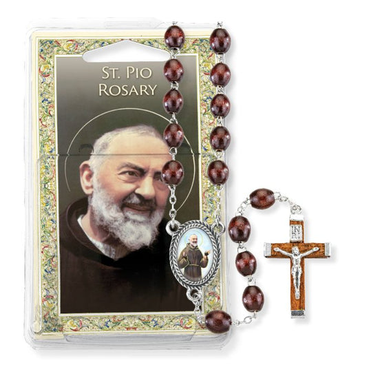 Brown wood bead Saint Padre Pio specialty rosary with silver-tone crucifix and laminated holy card packaging