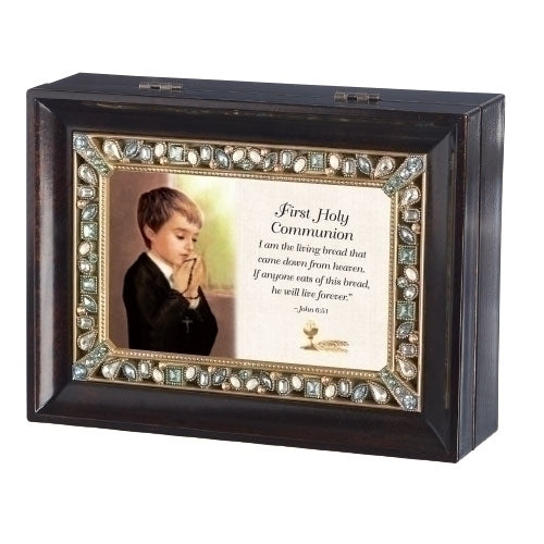 Brown wood musical keepsake box with glass top featuring praying boy and John 6:51 scripture for First Communion gift