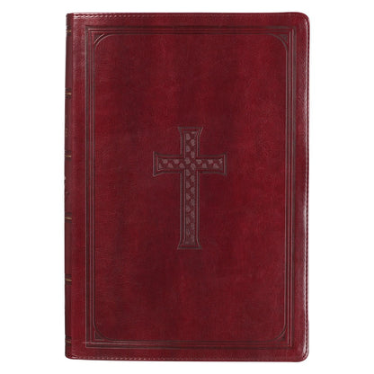 Burgundy faux leather King James Version Bible with super giant print, thumb index, and embossed St. John’s cross design on cover