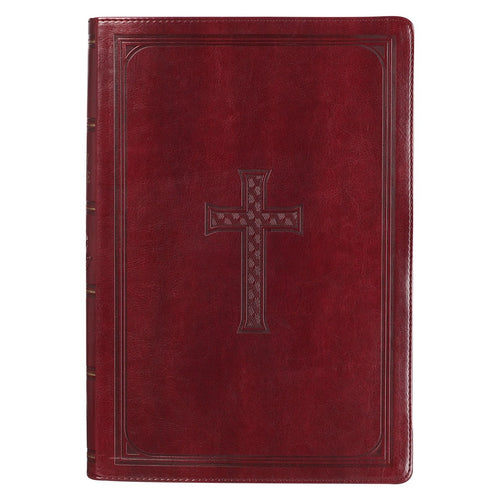 Burgundy faux leather King James Version Bible with super giant print, thumb index, and embossed St. John’s cross design on cover