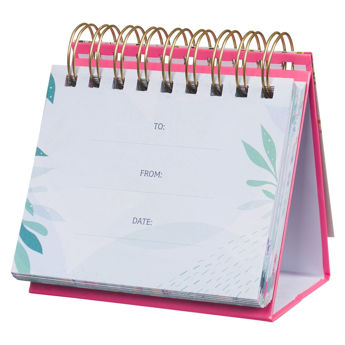 5" x 5" Blessings for a Great Teacher perpetual desktop calendar with gold coil binding and pink stand base