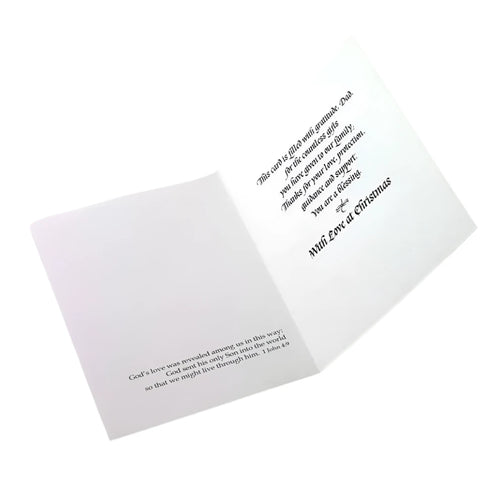 Open Christmas card for dad with warm appreciation text for ministry and service, simple white background and black script text